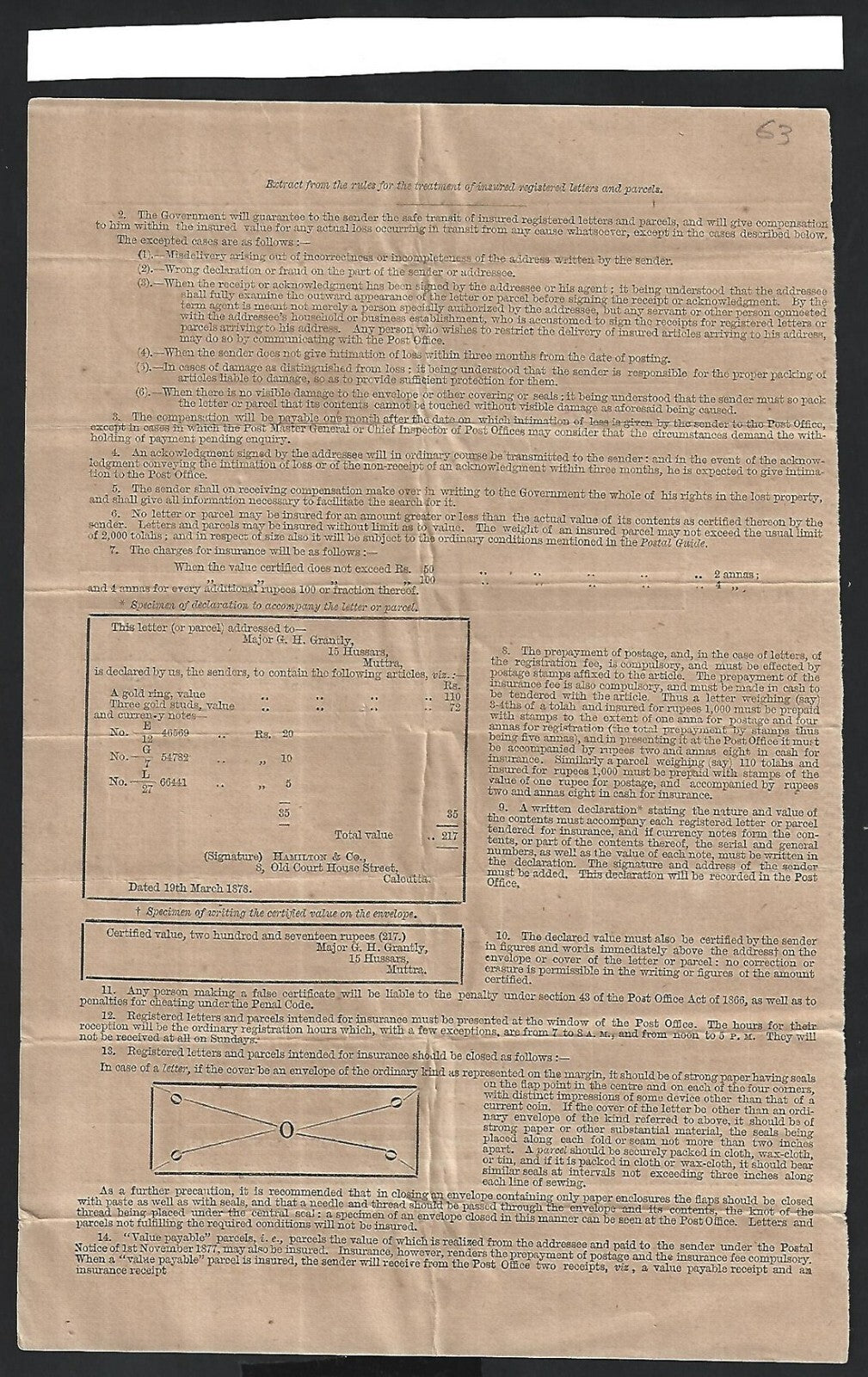 India Postal form for sending Currency notes used 1870