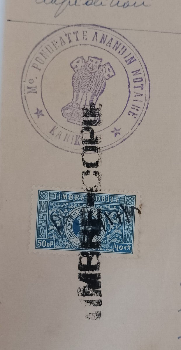 AOP French India 50np TIMBRE MOBILE revenue stamp on 1967 KARIKAL document