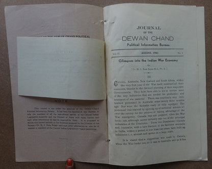 Dewan Chand Political Information Bureau monthly Aug 1941 INDIAN WAR ECONOMY