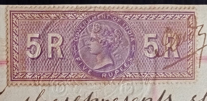 India QV 5R Special Adhesive revenue on PoA with GB 10s impressed revenue zaz