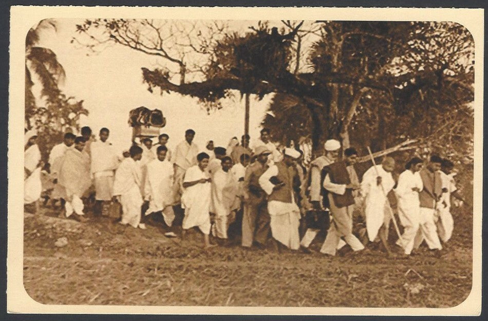 AOP India full back pictorial 50p Gandhi postal card GANDHI on the march
