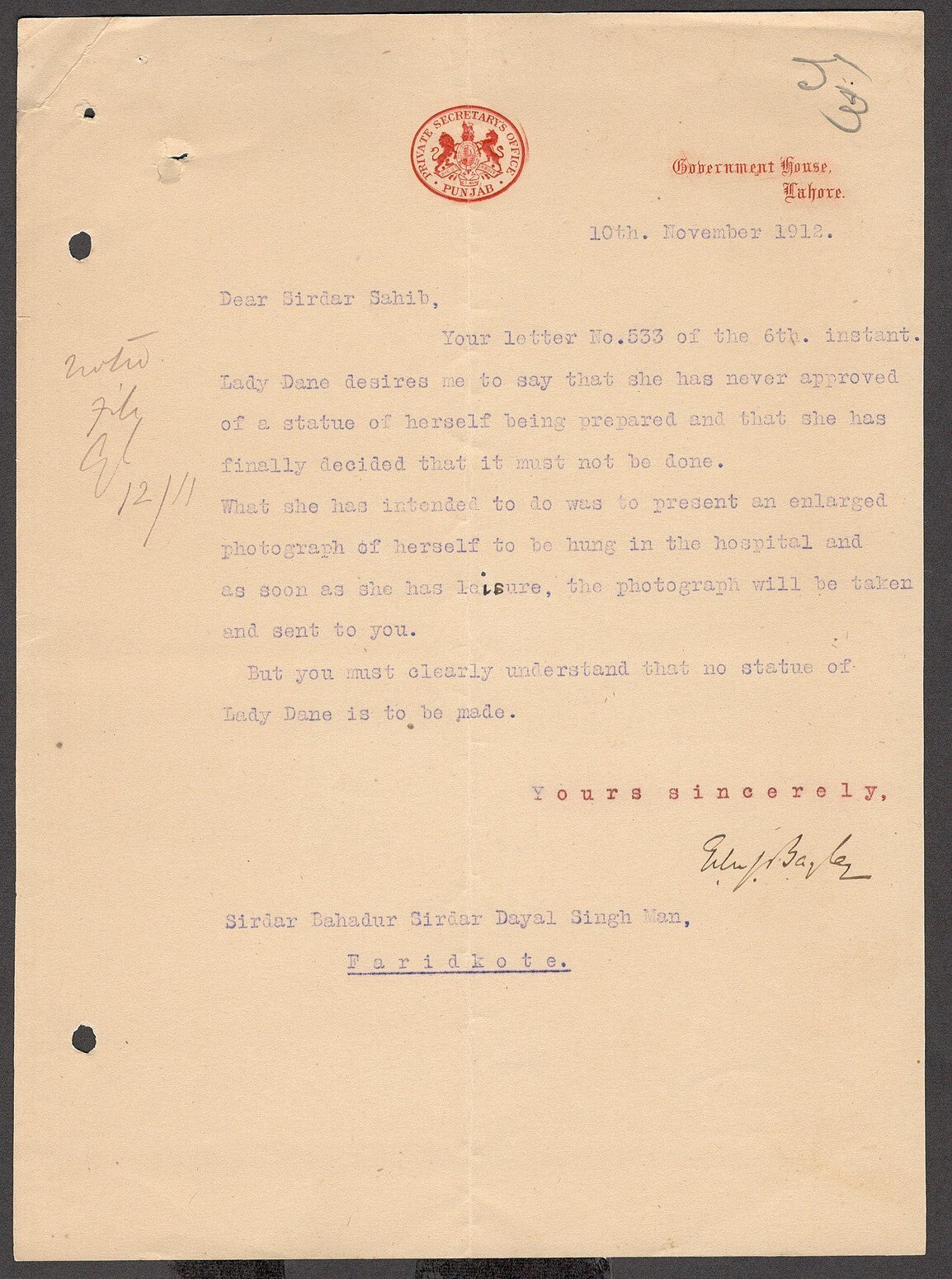 India PRIVATE SECRETARY'S OFFICE PUNJAB 1912 crested letter