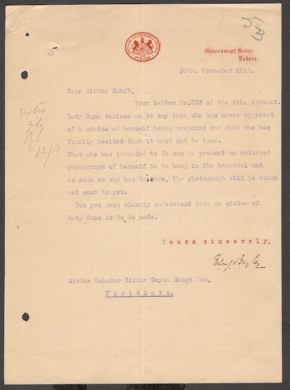 India PRIVATE SECRETARY'S OFFICE PUNJAB 1912 crested letter