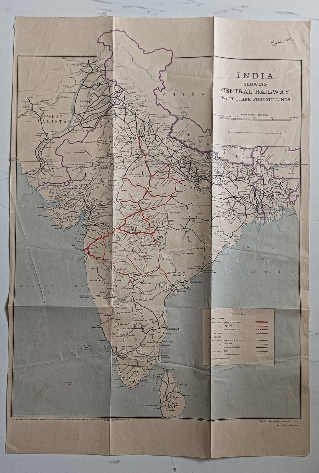 India Showing Central Railway with Other Foreign Lines Map 1957 43x62cm