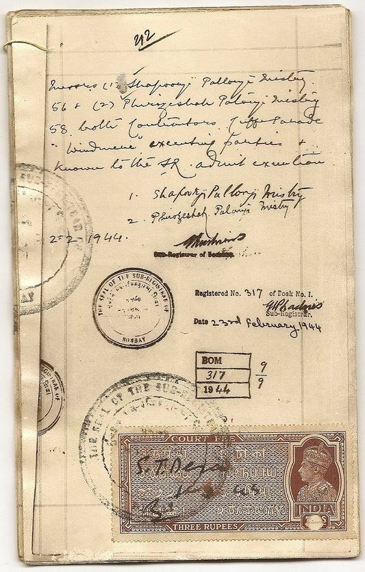 India 1944 photo doc Shaporji P Mistry mortgage DN Rd property to Naoraji Wadia