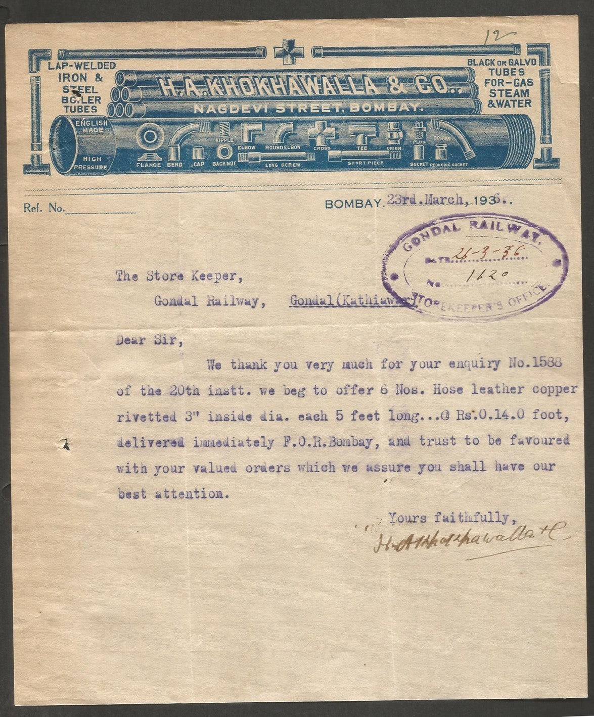India 1936 illustrated letterhead IRON & STEEL BOLER TUBES Bombay