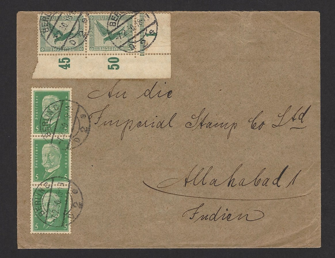 Germany 1930 cover to India with 5pf Airmail corner marginal pair