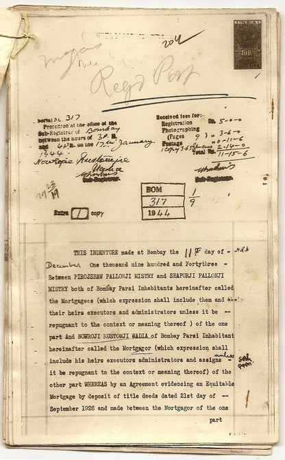 India 1944 photo doc Shaporji P Mistry mortgage DN Rd property to Naoraji Wadia