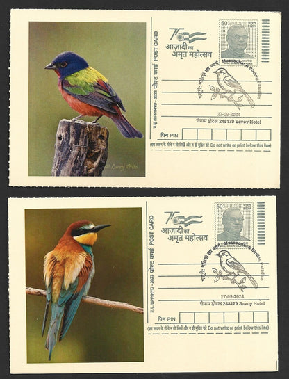 India 2024 Birding Paradise Savoy Hotel postmark cards MULTICOLORED BIRDS (8)