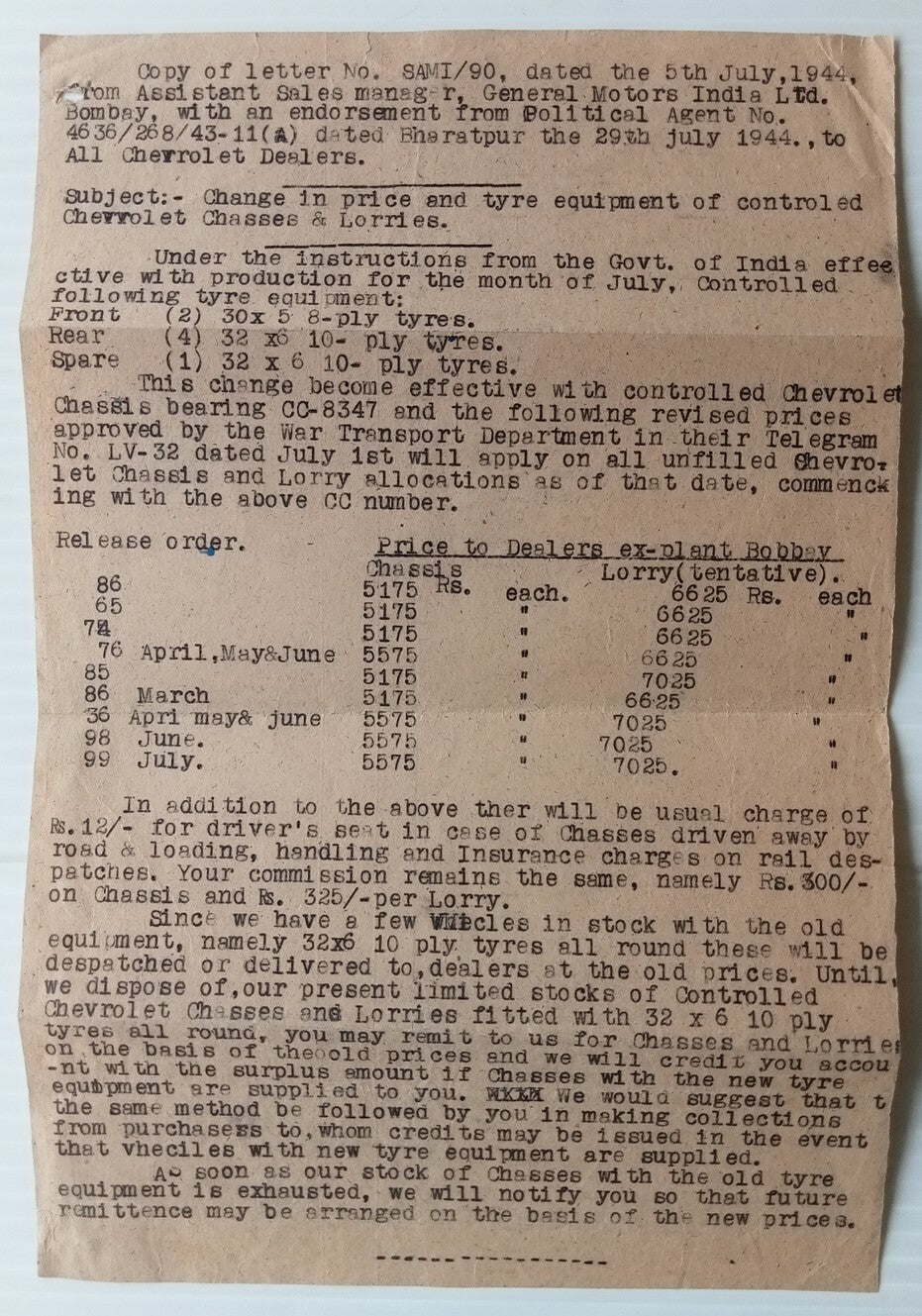 AOP India GM General Motors WW2 World War 2 1944 price list 