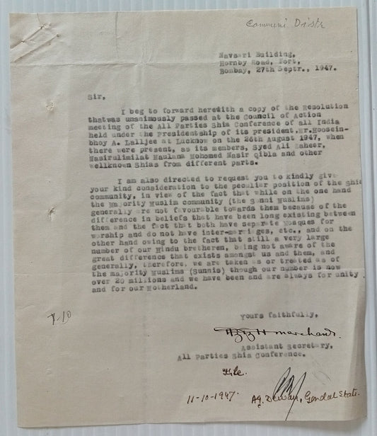 AOP Sept 1947 All India Shia Conference letter of allegiance to the Indian Union
