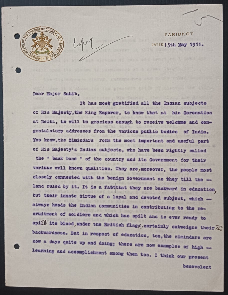 India 1911 cringe letter about the CORONATION DURBAR exalting feudal landowners