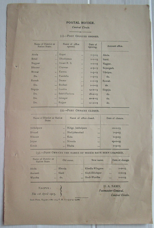 India 1915 Postal Notice re: Opening & Closure of post offices