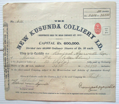 India New Kusunda Colliery Ltd 1920 share certificate No -431
