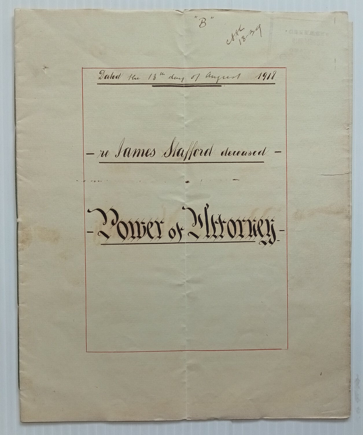 AOP GB India 1918-19 Power of Attorney with 10sh blue embossed revenue