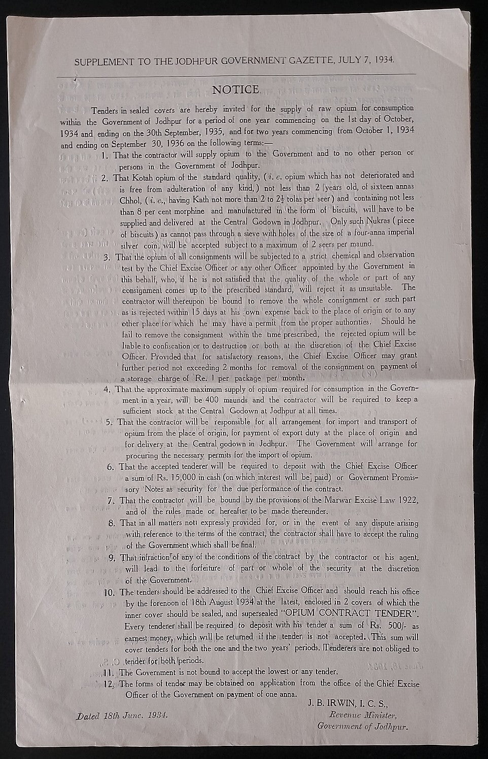 AOP India Kotah State 1934 OPIUM TENDER DOCUMENT