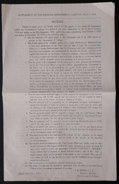 AOP India Kotah State 1934 OPIUM TENDER DOCUMENT