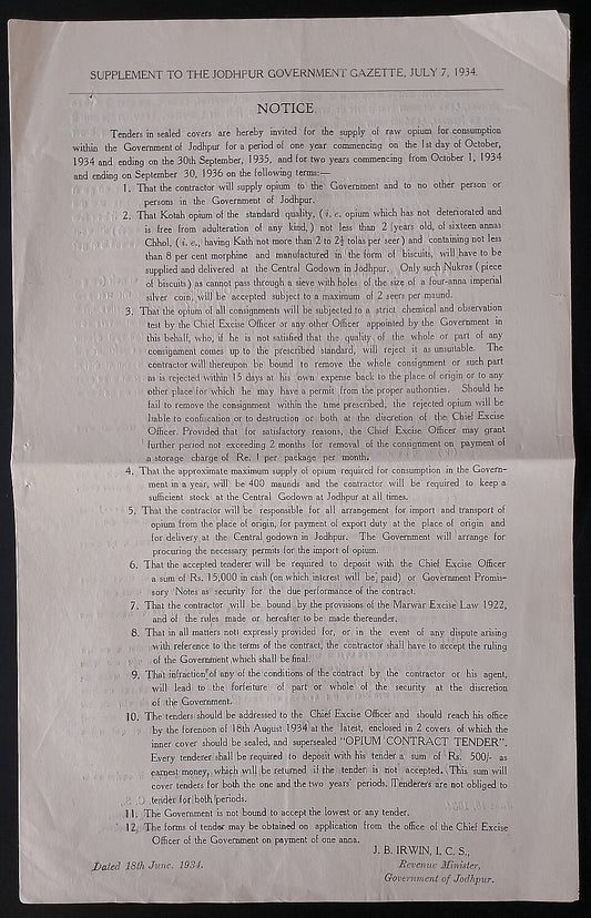 AOP India Kotah State 1934 OPIUM TENDER DOCUMENT