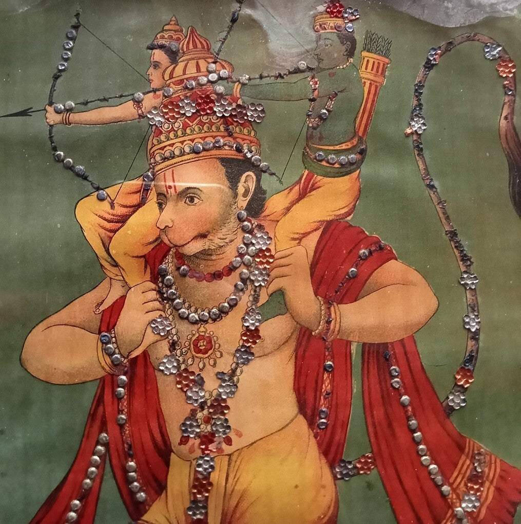 India vintage embellished litho oleograph Ravi Varma poster Hanuman 25cm x 35cm
