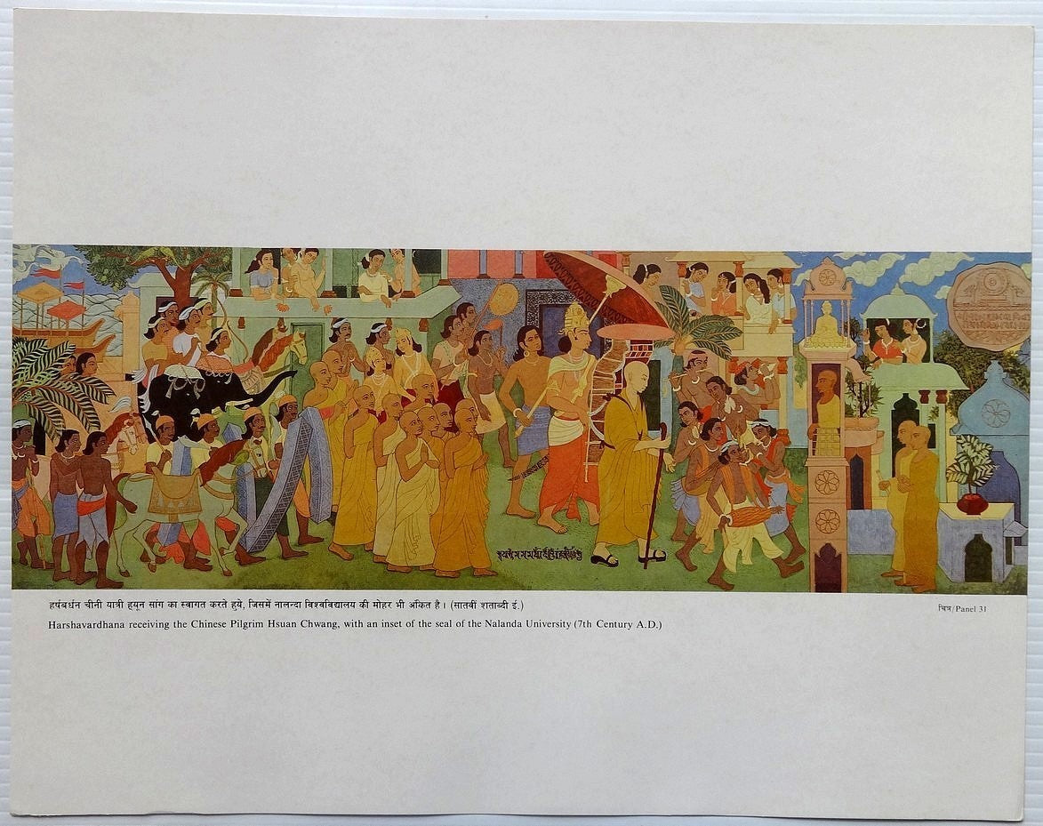 India vintage print Mural painting Harshvardhana receiving Chinese Hsuan Chwang