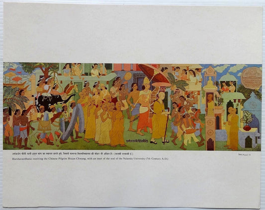 India vintage print Mural painting Harshvardhana receiving Chinese Hsuan Chwang