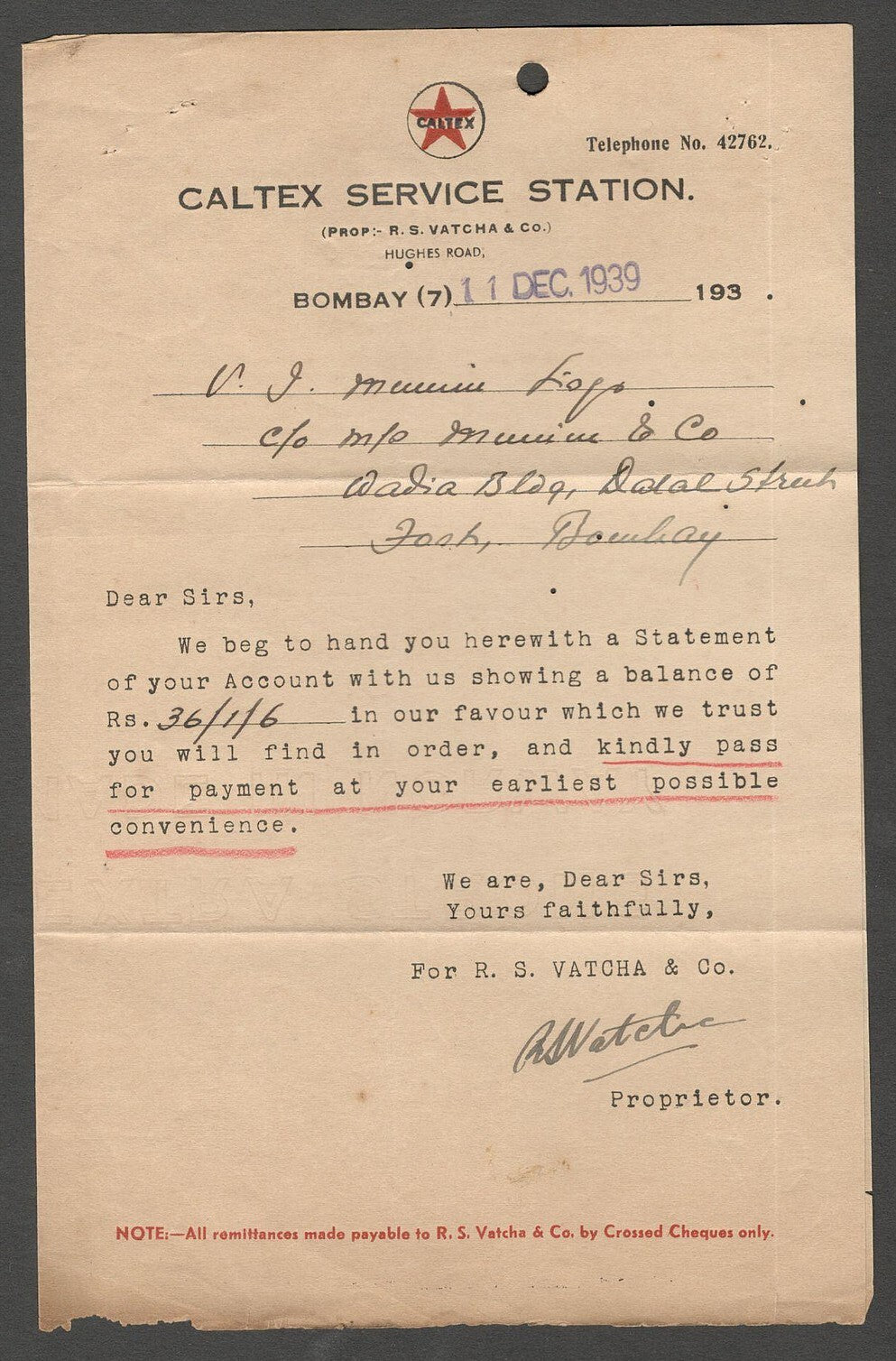 AOP India CALTEX SERVICE STATION (automobile), Bombay 1939 receipt