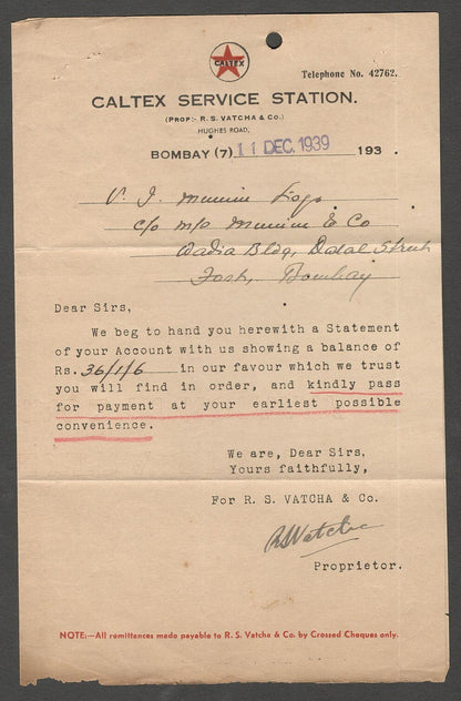AOP India CALTEX SERVICE STATION (automobile), Bombay 1939 receipt