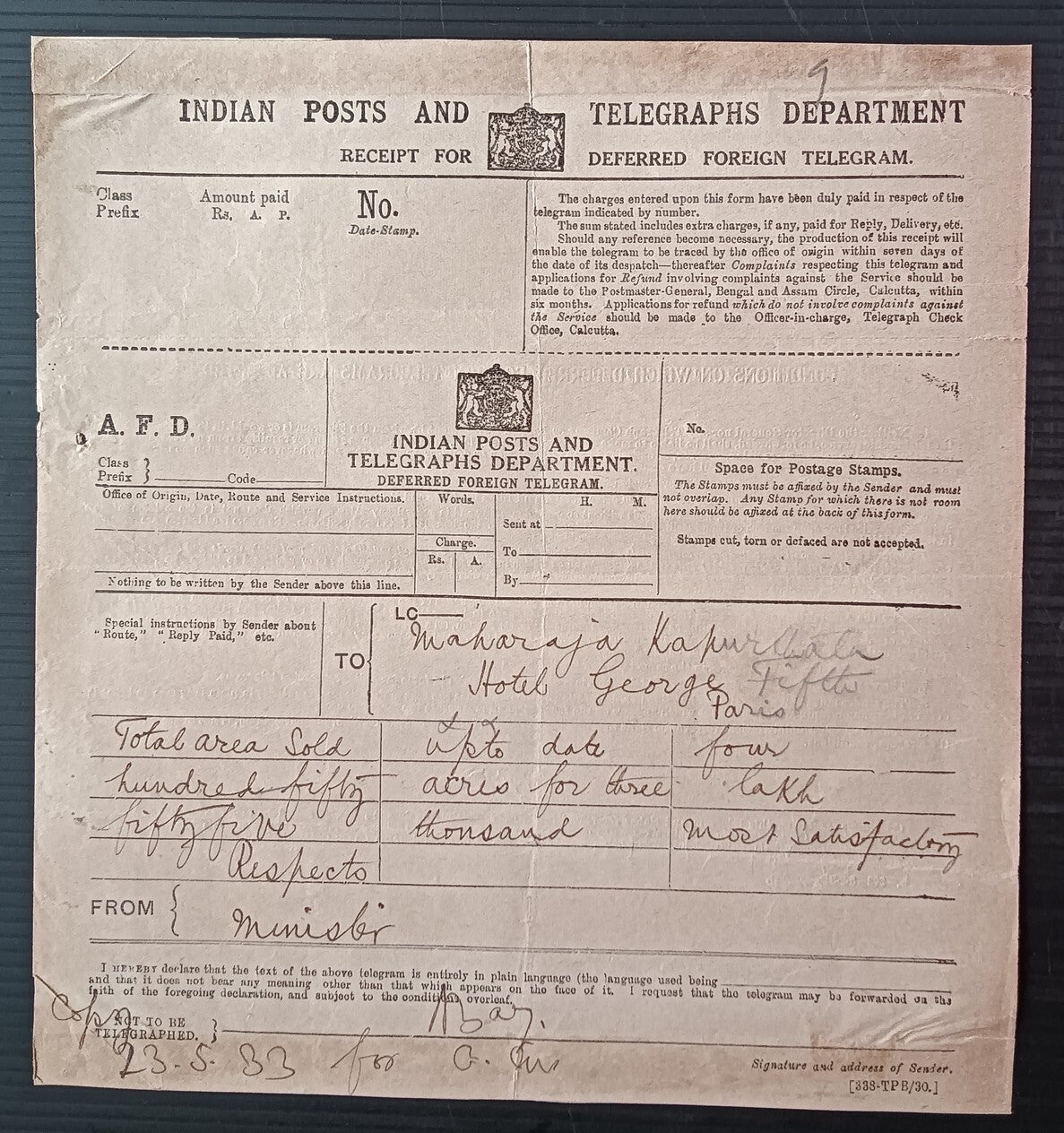 India 1930s intact DEFERED FOREIGN TELEGRAM copy to Maharaja of Kapurthala Paris