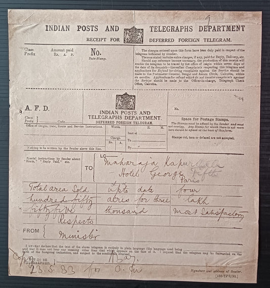 India 1930s intact DEFERED FOREIGN TELEGRAM copy to Maharaja of Kapurthala Paris