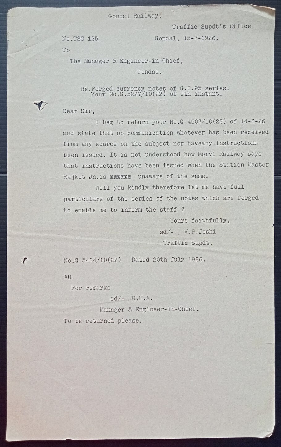 (AOP) India 1926 Official correspondence about FORGED CURRENCY