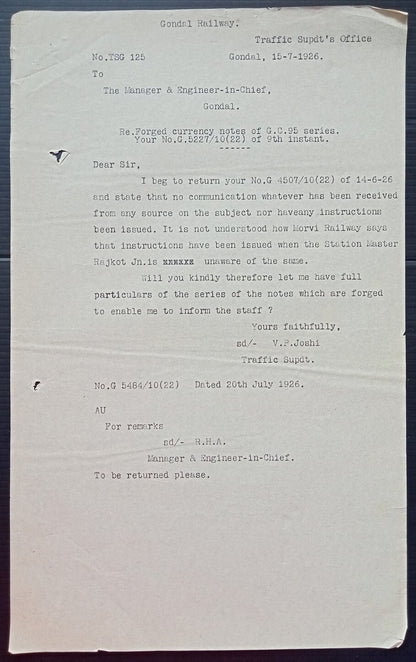 (AOP) India 1926 Official correspondence about FORGED CURRENCY