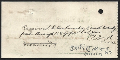 (AOP) India vintage check cheque - 1942 THE BUNDI STATE BANK