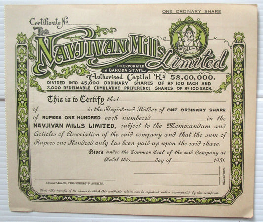 India Navjivan 1951 Mills Ltd share certificate