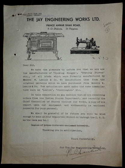 India Jay Engineering Works 1937 illustrated advertizement letter