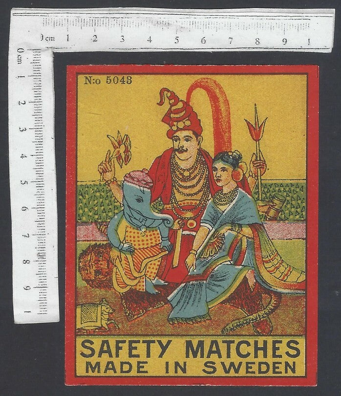 AOP India vintage packet size label Shiv, Parvati Ganesh Made in Sweden	