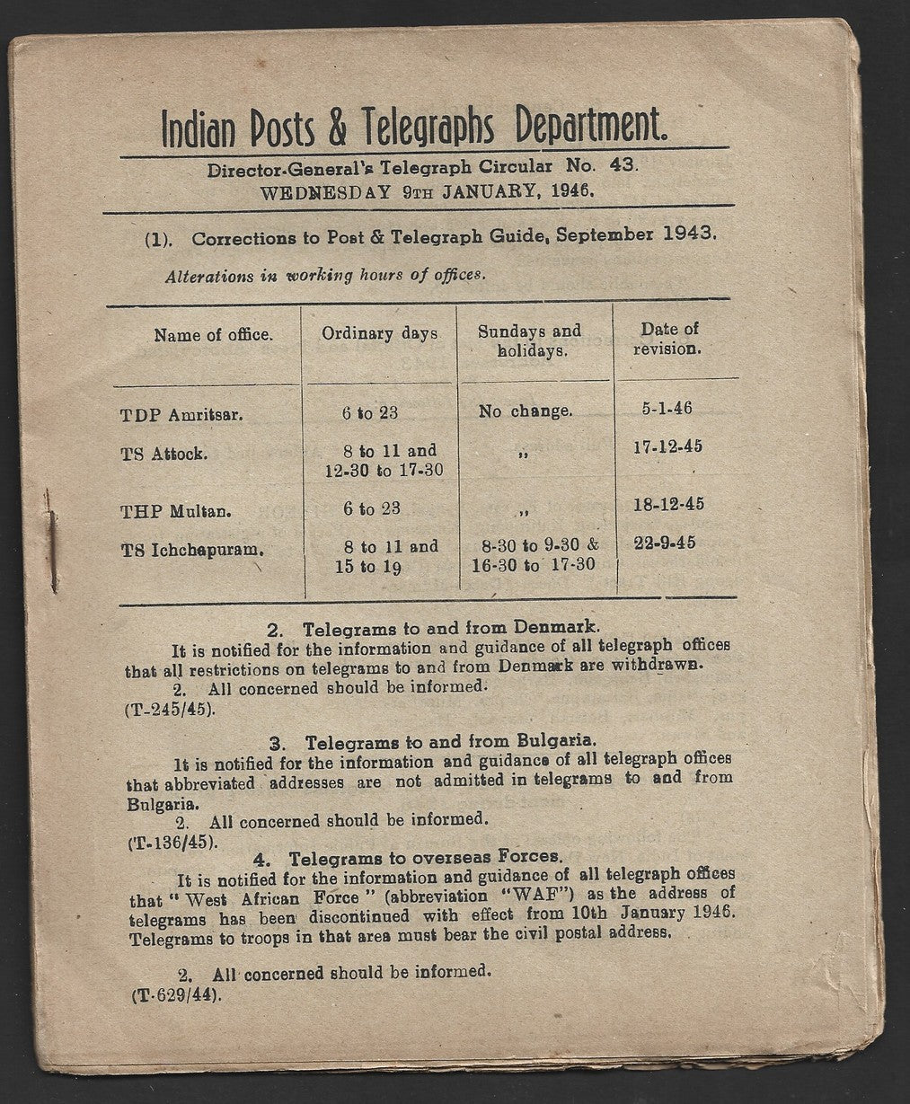 India 1931 DG'S POSTAL CIRCULAR Multiple topics; Censorship of Telegrams, etc.