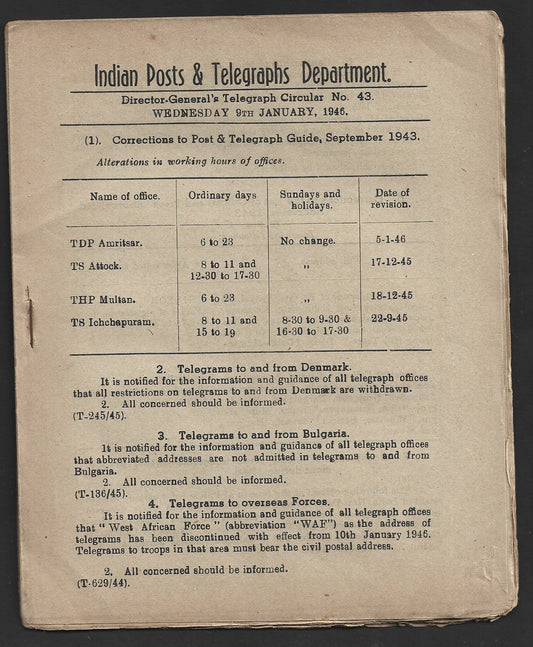India 1931 DG'S POSTAL CIRCULAR Multiple topics; Censorship of Telegrams, etc.