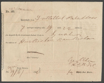 AOP India 1868 BULLOCK TRAIN parcel receipt AGRA
