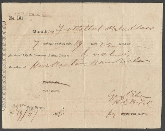 AOP India 1868 BULLOCK TRAIN parcel receipt AGRA