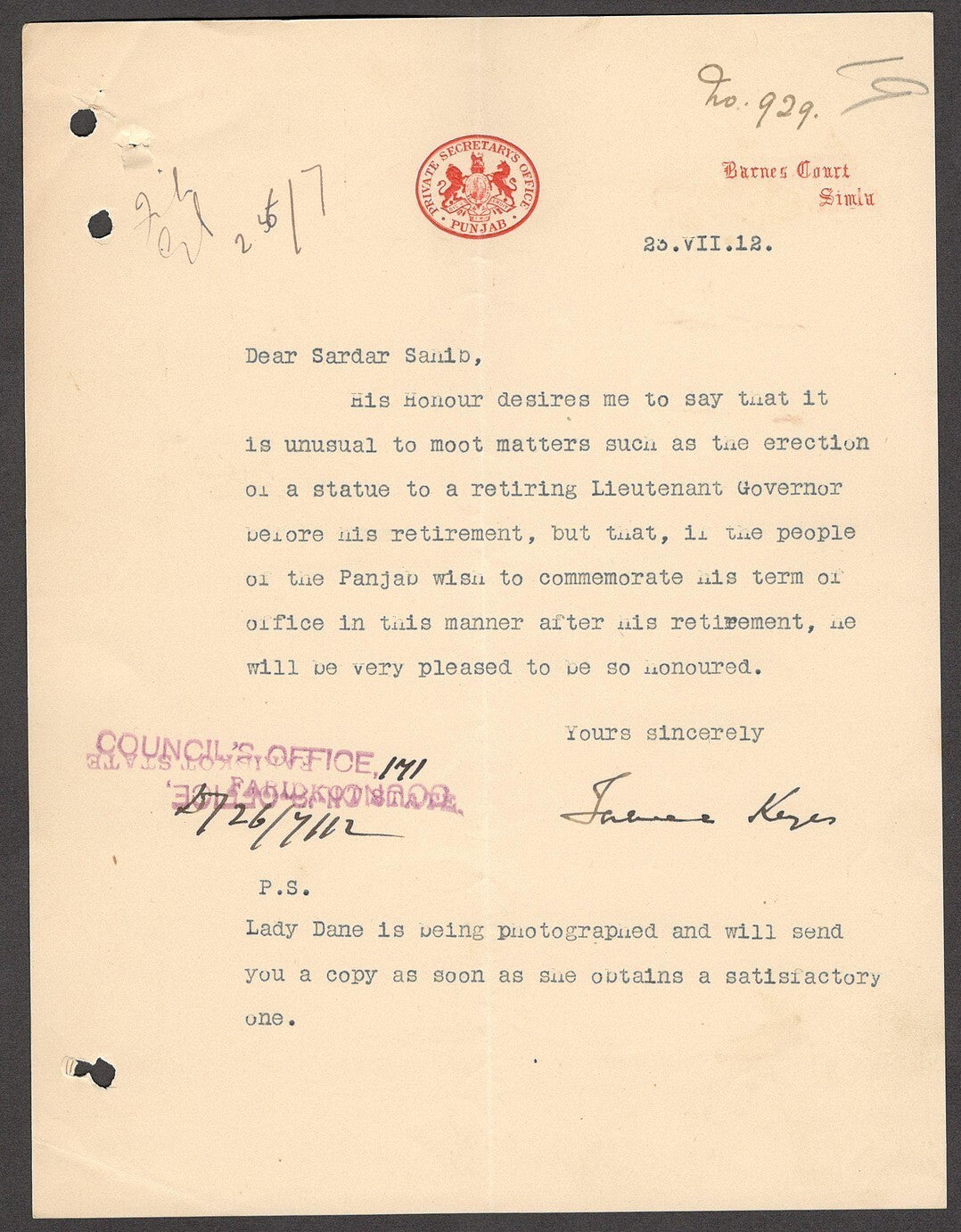 India PRIVATE SECRETARY'S OFFICE PUNJAB 1912 crested letter declining a Statue