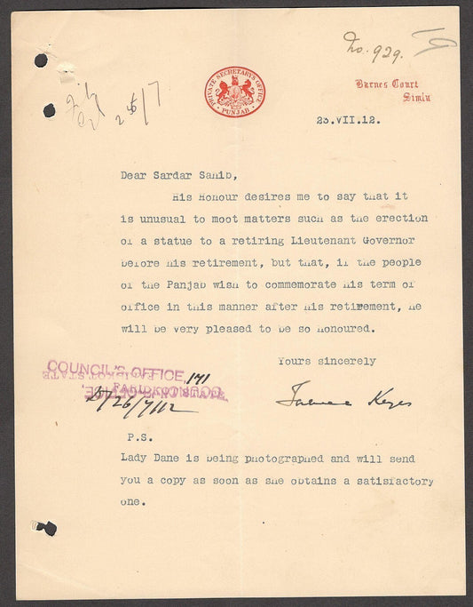 India PRIVATE SECRETARY'S OFFICE PUNJAB 1912 crested letter declining a Statue