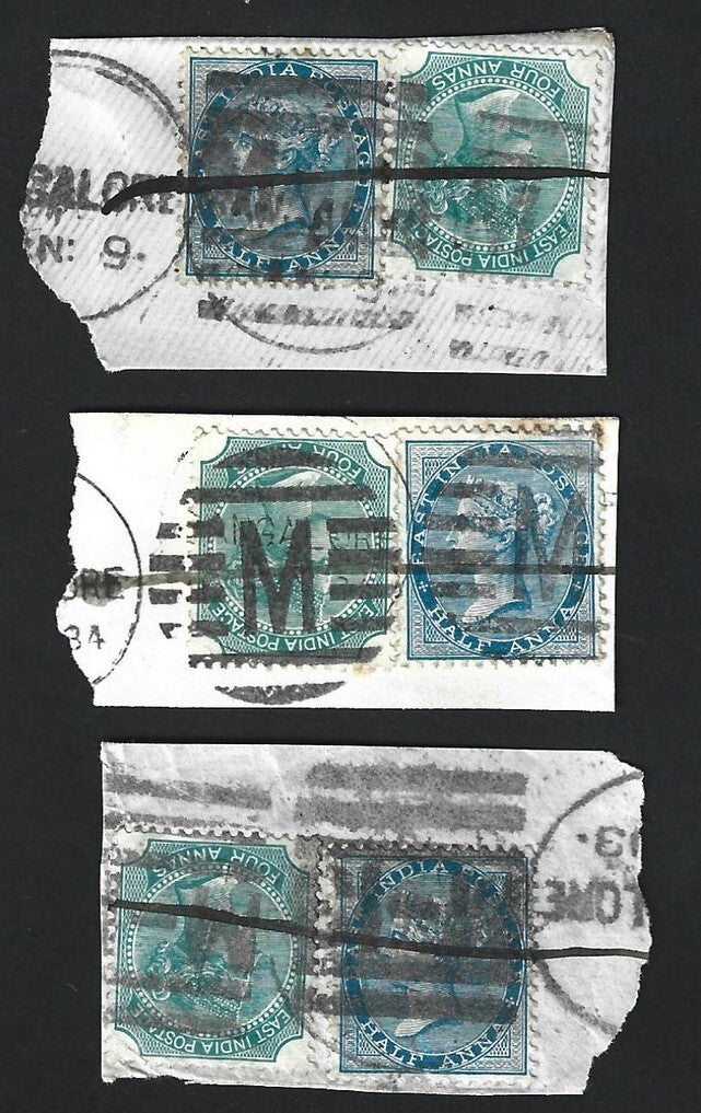 India QV Bangalore numeral postmarks on pieces (3)