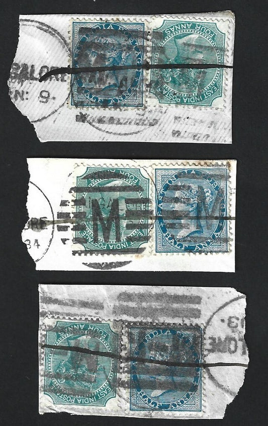 India QV Bangalore numeral postmarks on pieces (3)