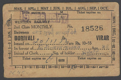 AOP India Western Railway 1977 monthly passenger pass BORIVALI to VIRAR