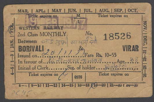 AOP India Western Railway 1977 monthly passenger pass BORIVALI to VIRAR