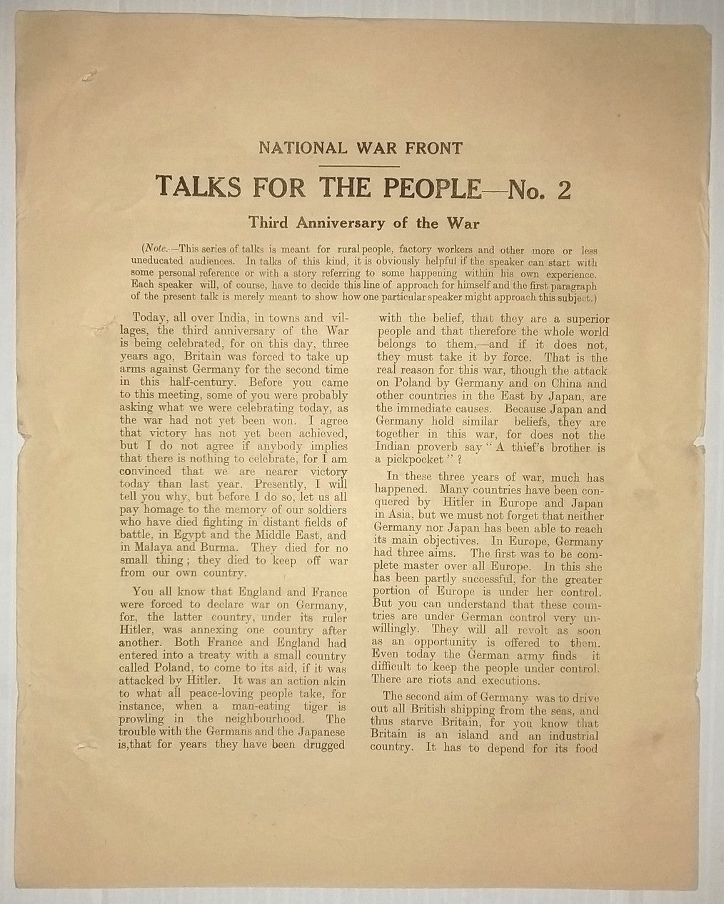 India WW2 National War Front Propaganda Talks for the People #2