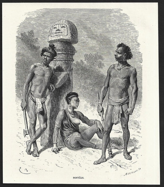 India SONTALS engraved print ex libris Rousslet 1876 7"x6"