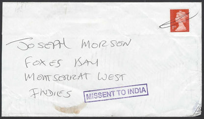 Boxed MISSENT TO INDIA on cover to West Indies