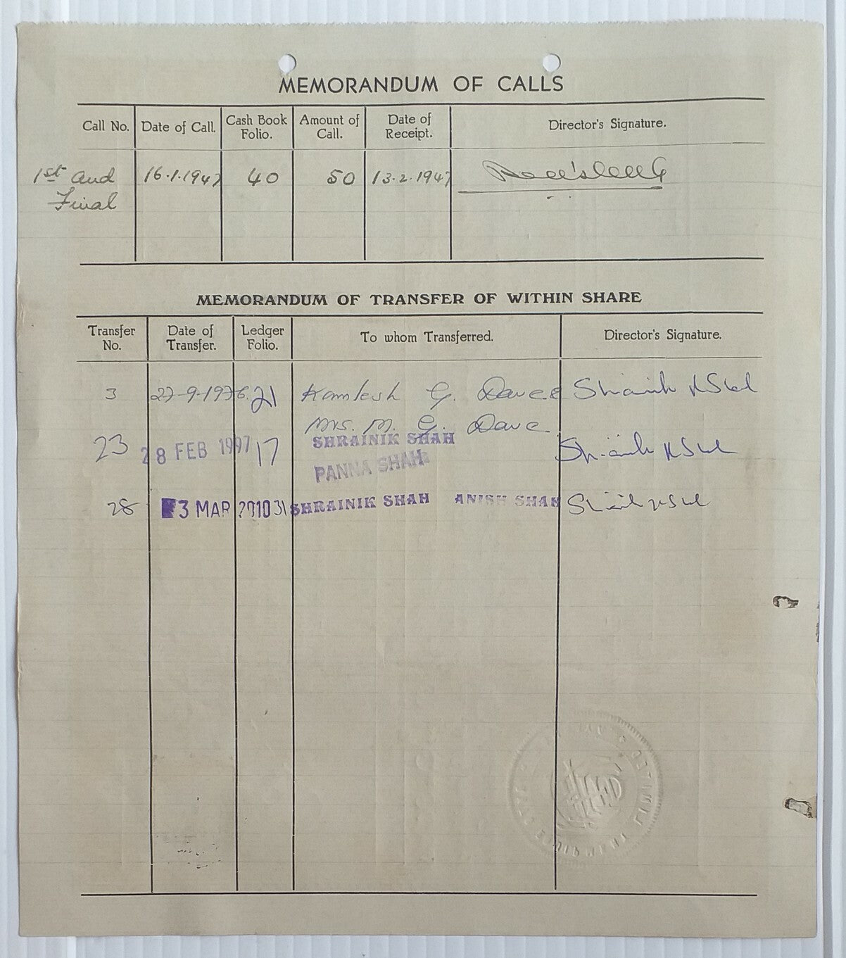 AOP India Auto Equipment Limited, Bombay 1947 share certificate