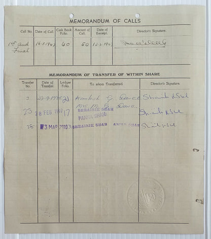 AOP India Auto Equipment Limited, Bombay 1947 share certificate